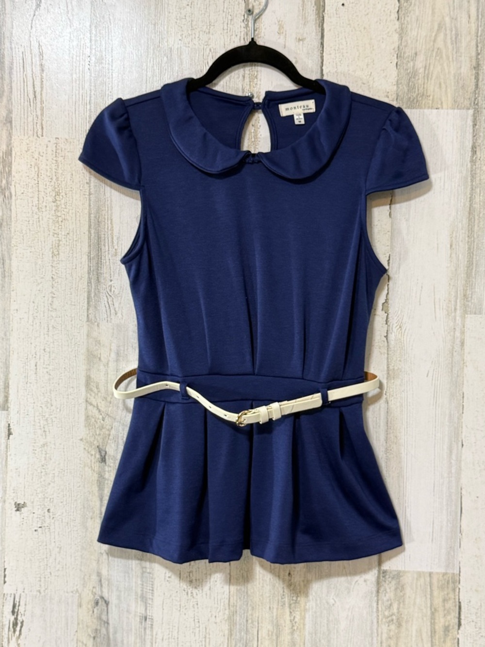 Monteau Navy Peter Pan Collar Peplum Top with White Belt
